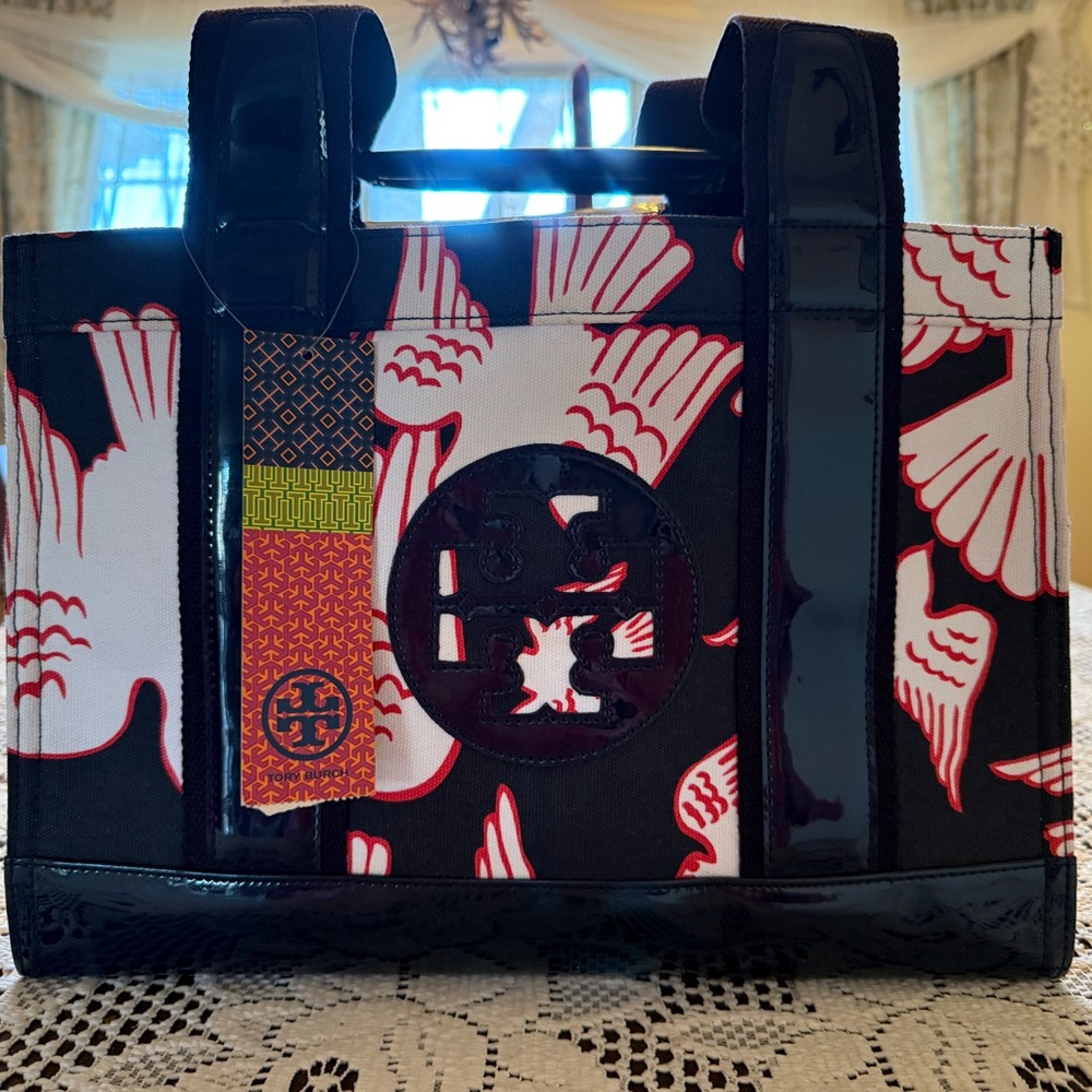 Tory Burch Black & White Canvas Tote with Red Accent - Picture 10 of 13
